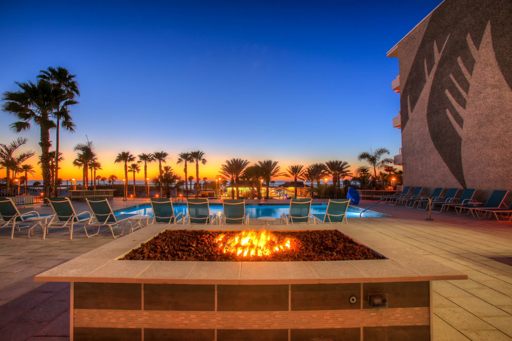 The heated pool at dusk